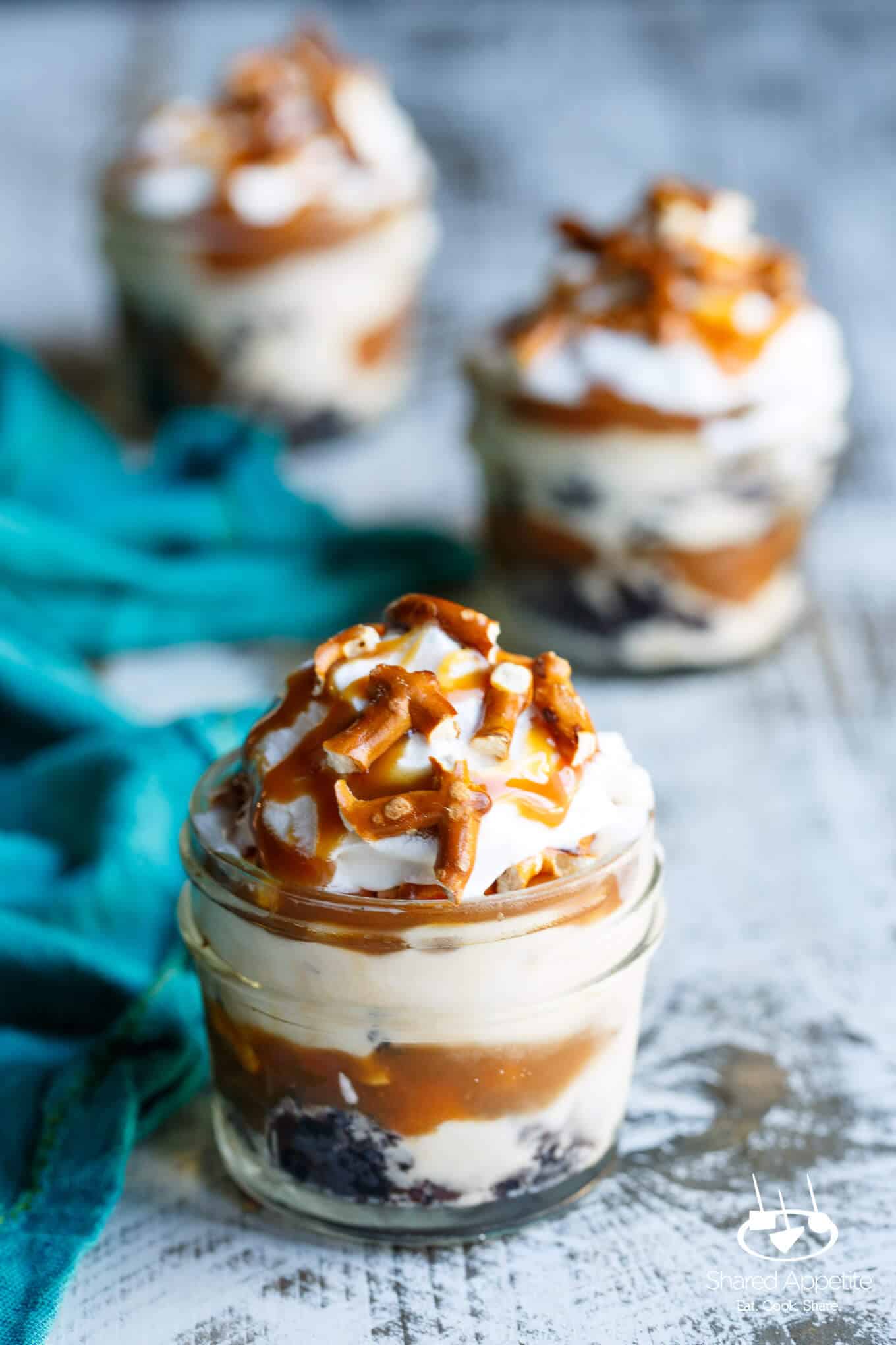 Mini Caramel Pretzel Ice Cream Trifles with Brownie | sharedappetite.com