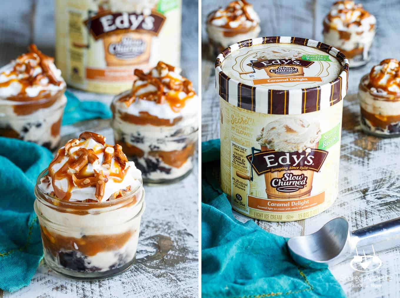 Mini Caramel Pretzel Ice Cream Trifles with Brownie made with Edy's Slow Churned Ice Cream | sharedappetite.com