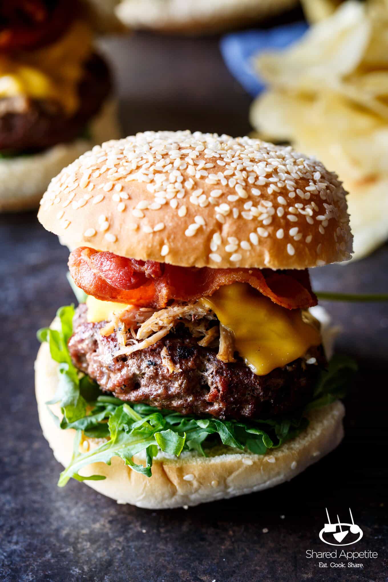 Pulled Pork Bacon Cheeseburgers | sharedappetite.com