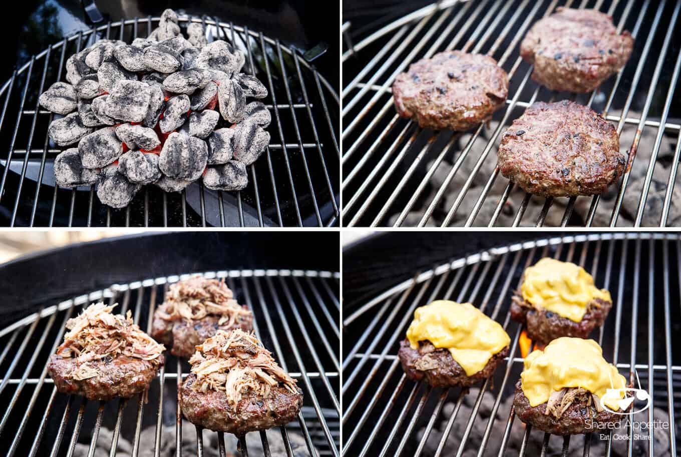 Showing the Process of Grilling the Pulled Pork Bacon Cheeseburgers | sharedappetite.com