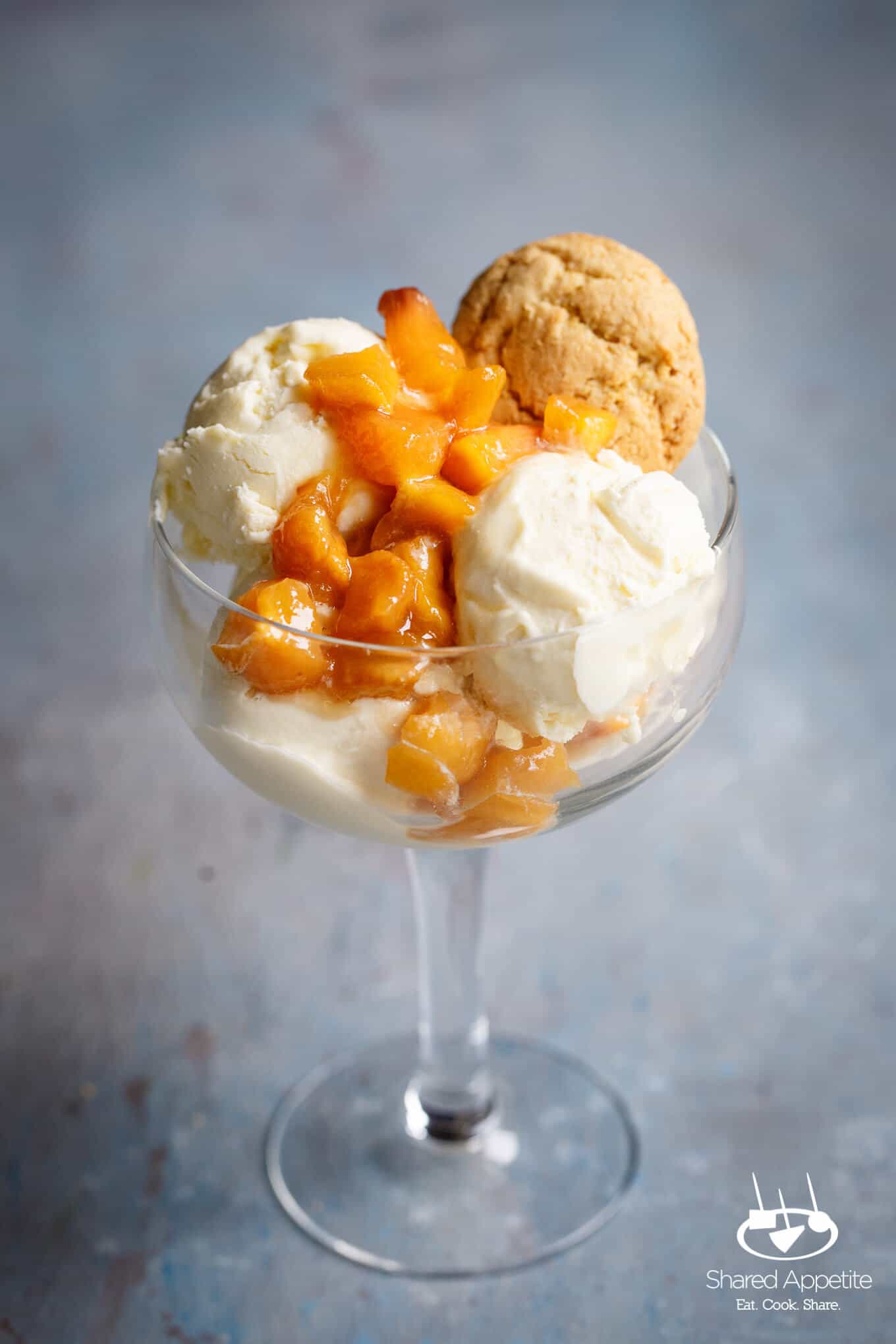 Churn Olive Oil Ice Cream with Brown Sugar Roasted Peaches with Olive Oil Cookie | sharedappetite.com