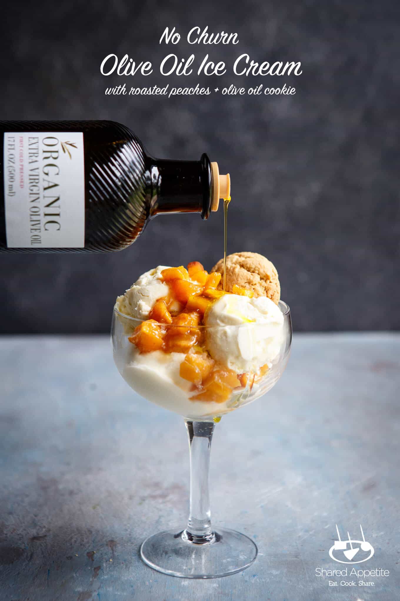 No Churn Olive Oil Ice Cream with Brown Sugar Roasted Peaches with Olive Oil Cookie | sharedappetite.com