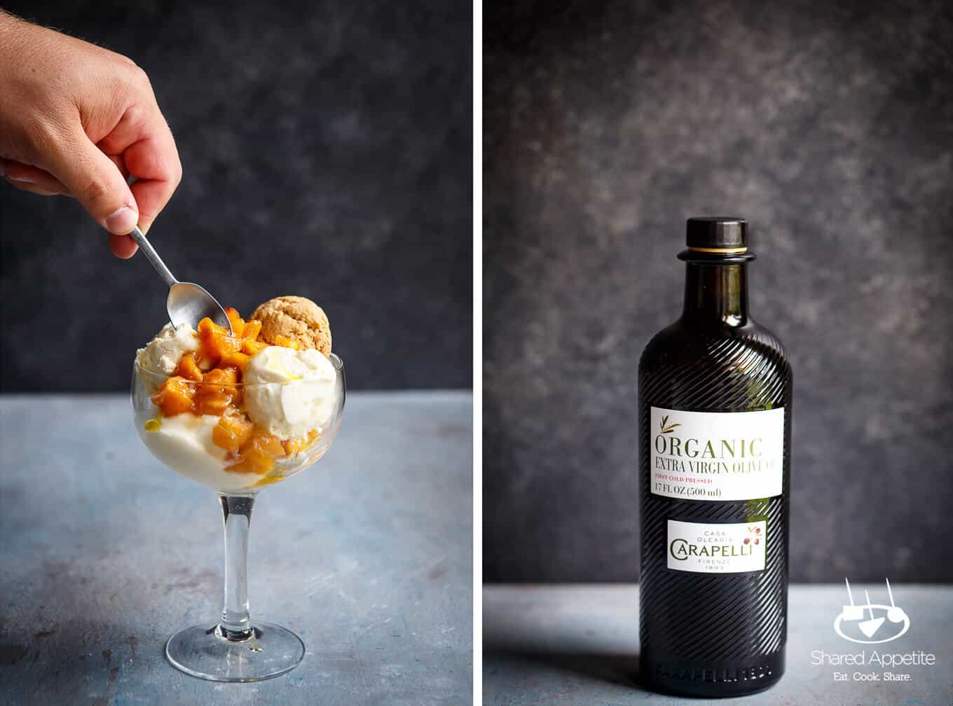 Churn Olive Oil Ice Cream with Brown Sugar Roasted Peaches with Olive Oil Cookie along with a bottle of Carapelli Organic Extra Virgin Olive Oil | sharedappetite.com