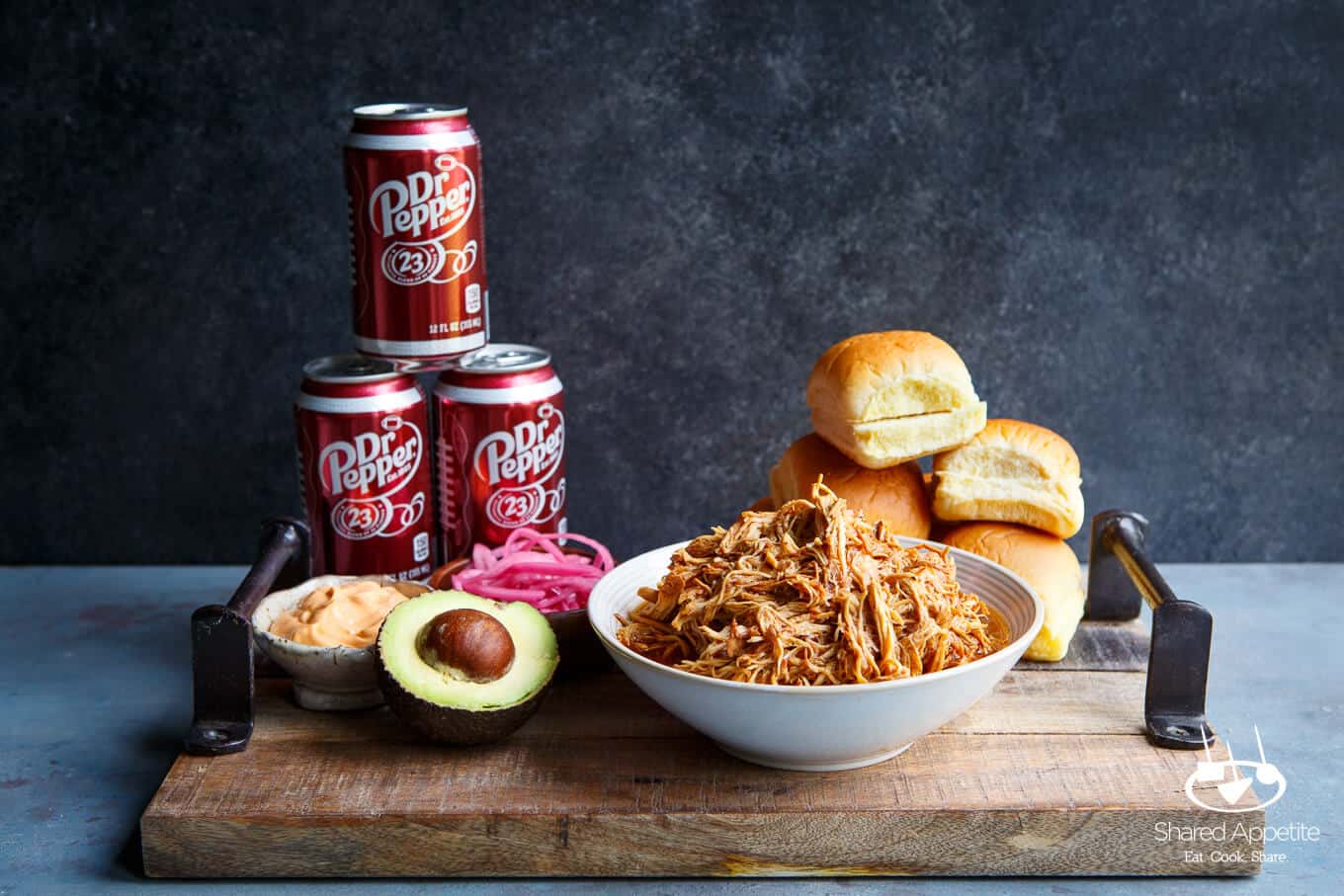 All the ingredients to make these Slow Cooker Dr. Pepper BBQ Pulled Chicken Sliders | sharedappetite.com