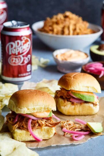 Slow Cooker Dr. Pepper BBQ Pulled Chicken Sliders | sharedappetite.com