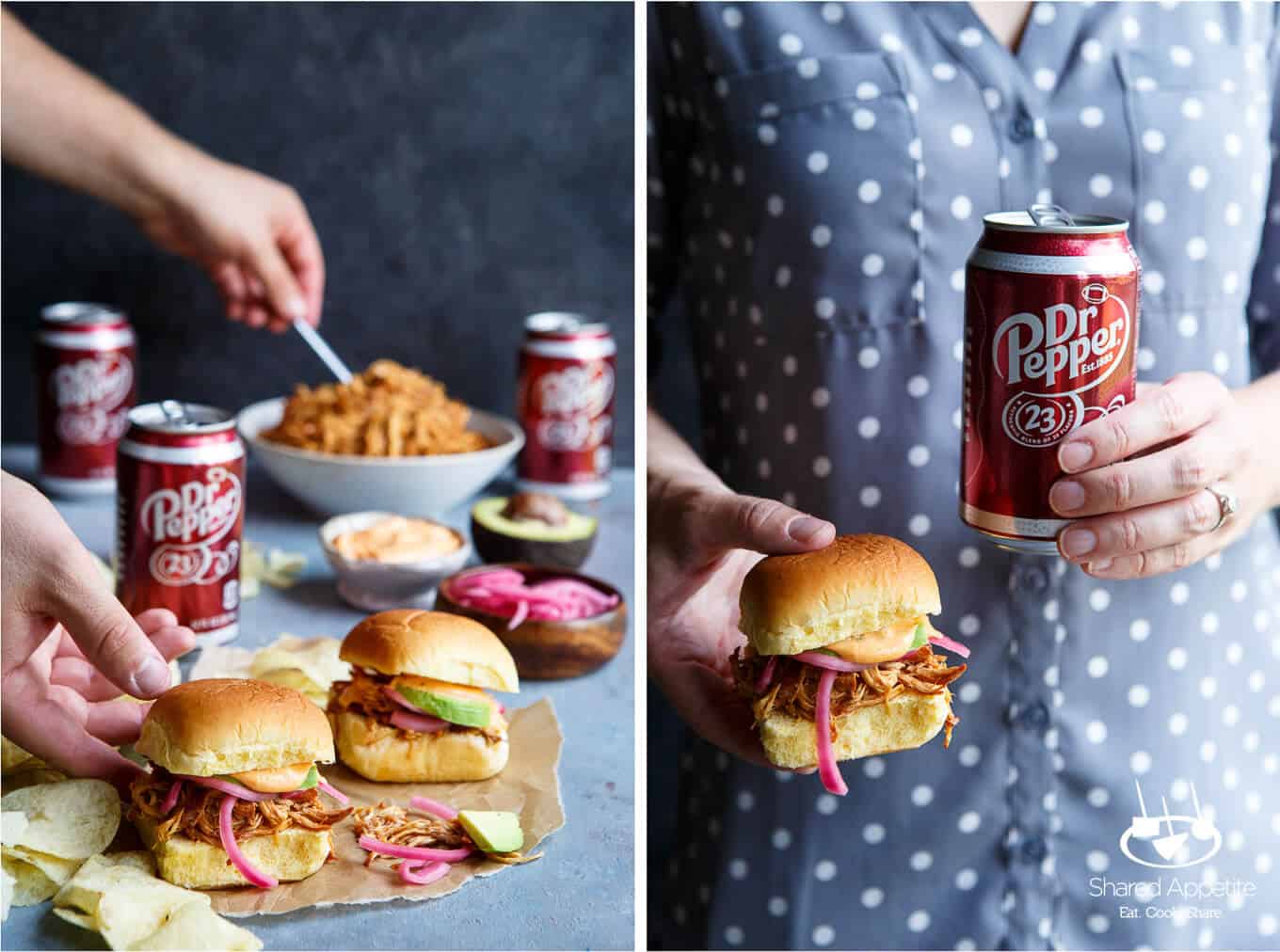 Digging into these Slow Cooker Dr. Pepper BBQ Pulled Chicken Sliders | sharedappetite.com