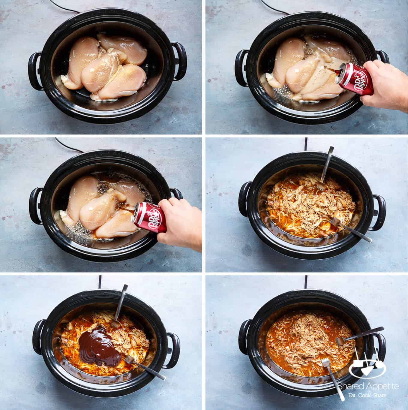 Step by step how to make Slow Cooker Dr. Pepper BBQ Pulled Chicken Sliders | sharedappetite.com