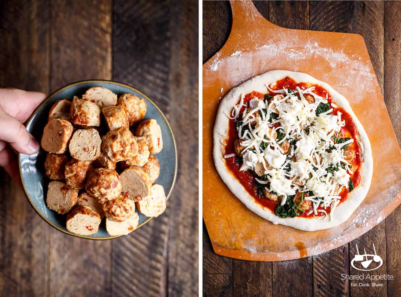 meatballs and showing the uncooked Meatball, Spinach, and Ricotta Pizza