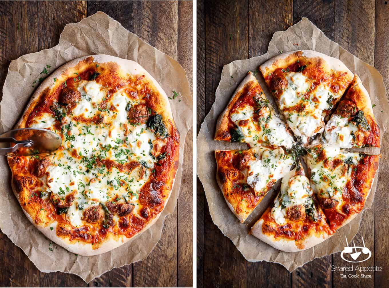 cutting into this Meatball, Spinach, and Ricotta Pizza