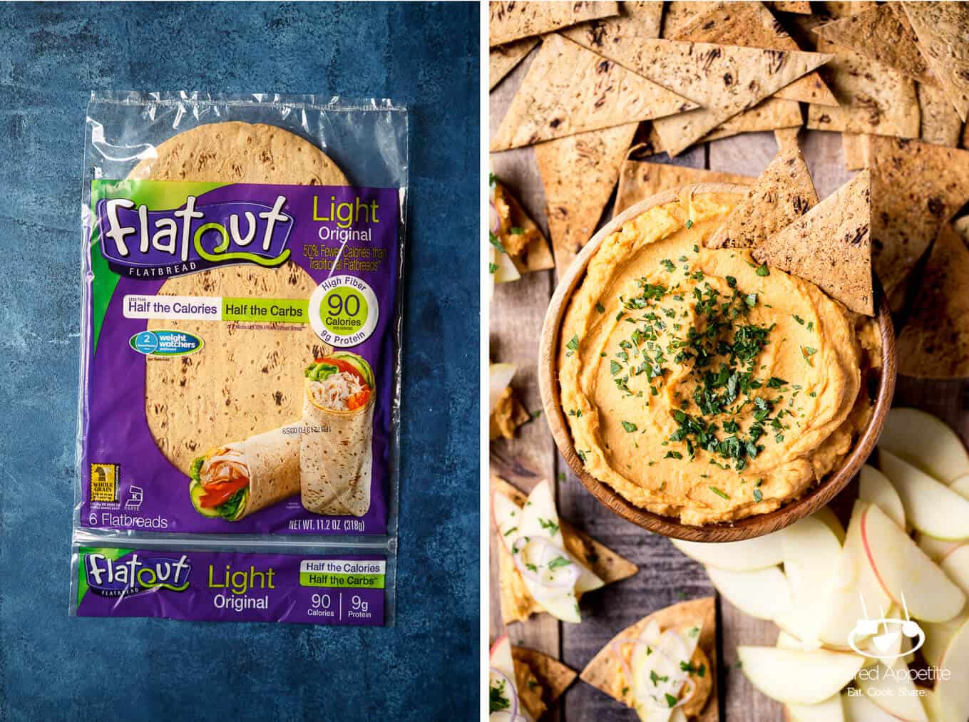 Flatout flatbread and Vegan Sweet Potato Hummus and Apple Bites