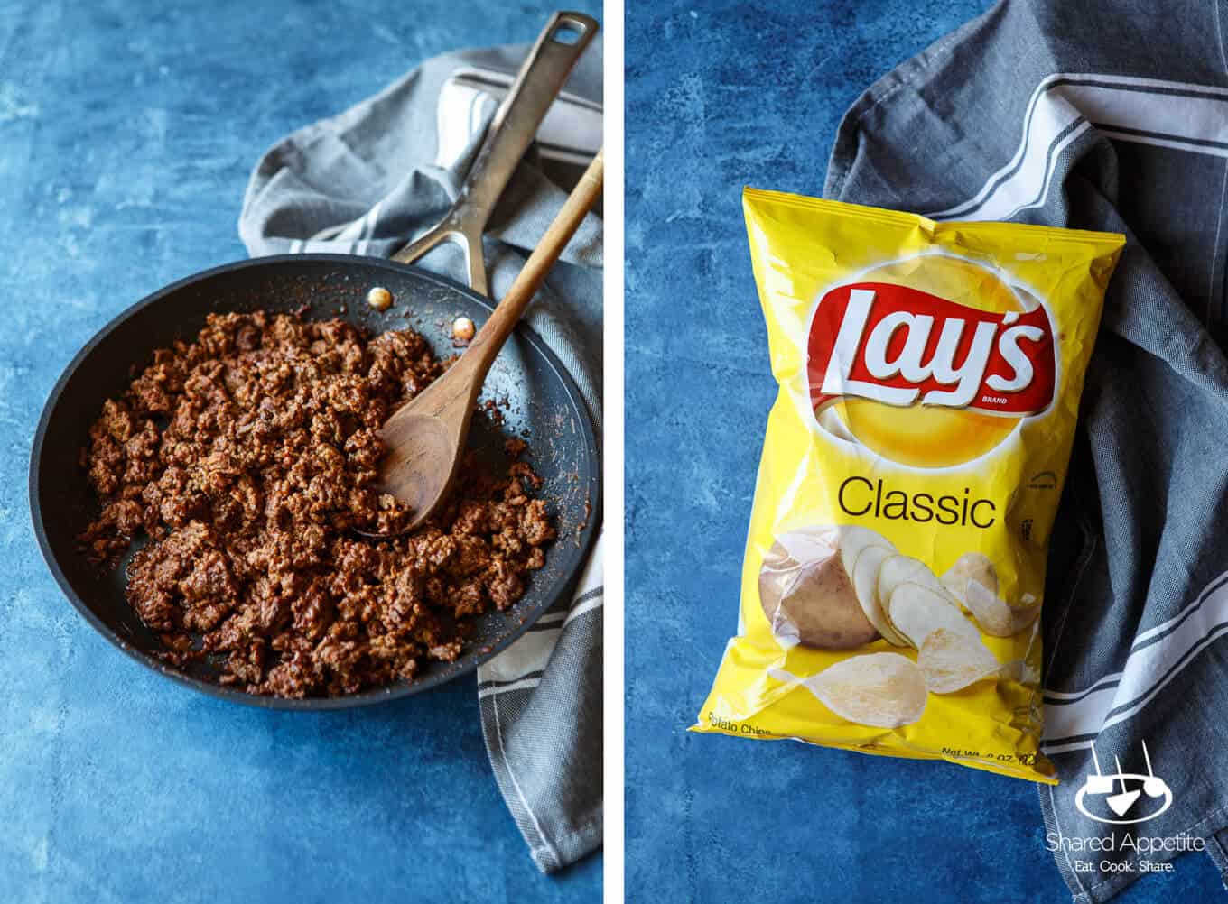 Taco Beef and Lay's Potato Chips for Skillet Loaded Taco Potato Chip Nachos | sharedappetite.com