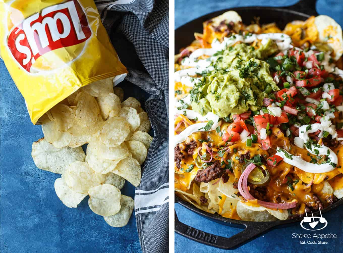 Potato Chips and Closeup of these Skillet Loaded Taco Potato Chip Nachos | sharedappetite.com