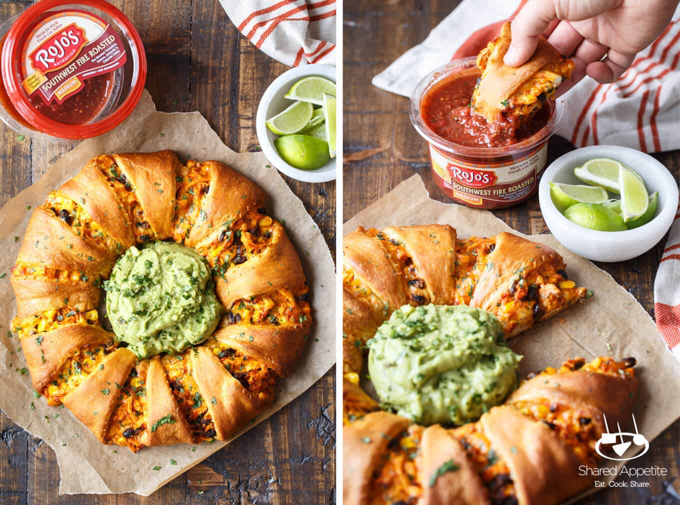 Dipping into salsa this Chicken Enchilada Crescent Ring | sharedappetite.com