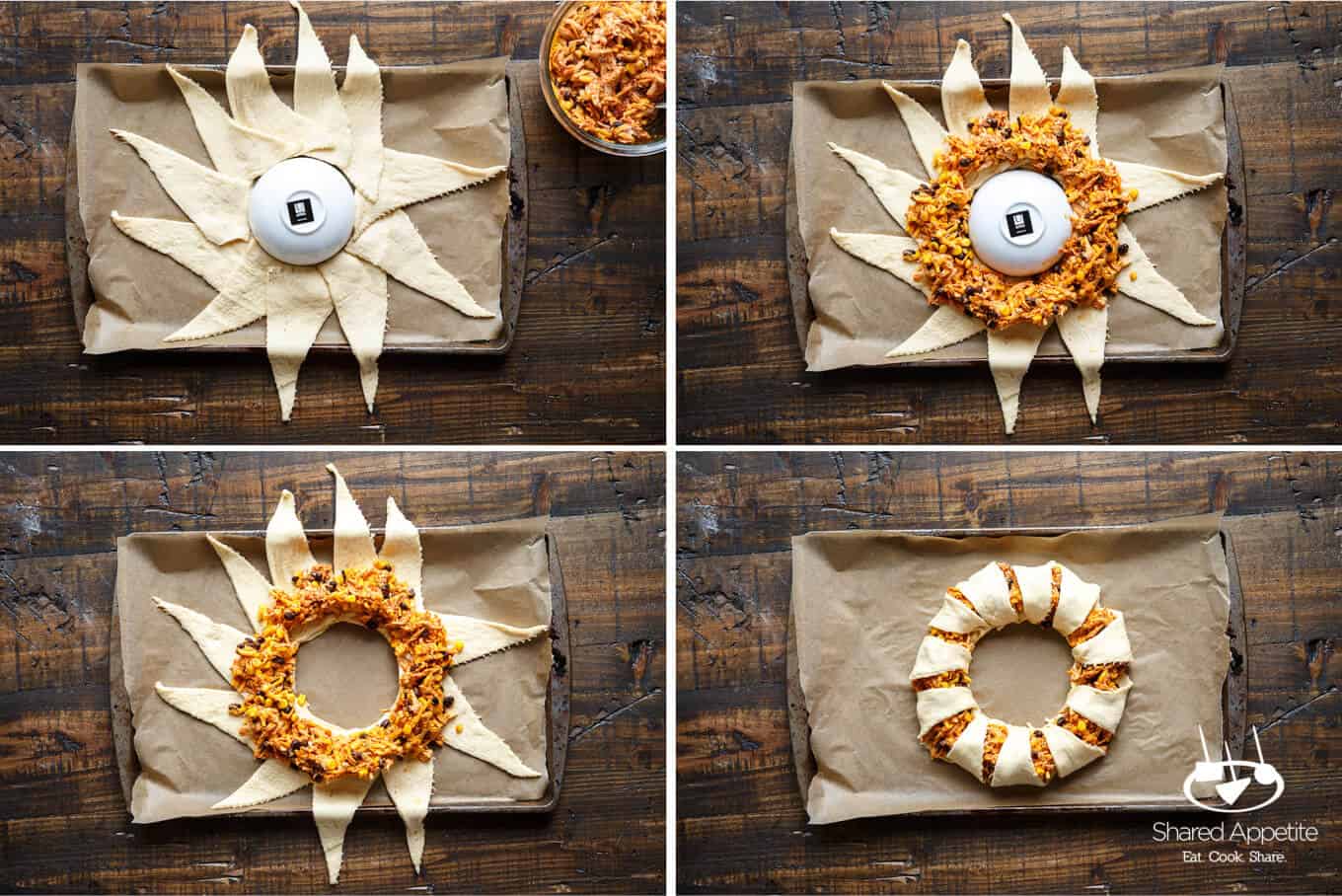 The process of assembling this Chicken Enchilada Crescent Ring | sharedappetite.com