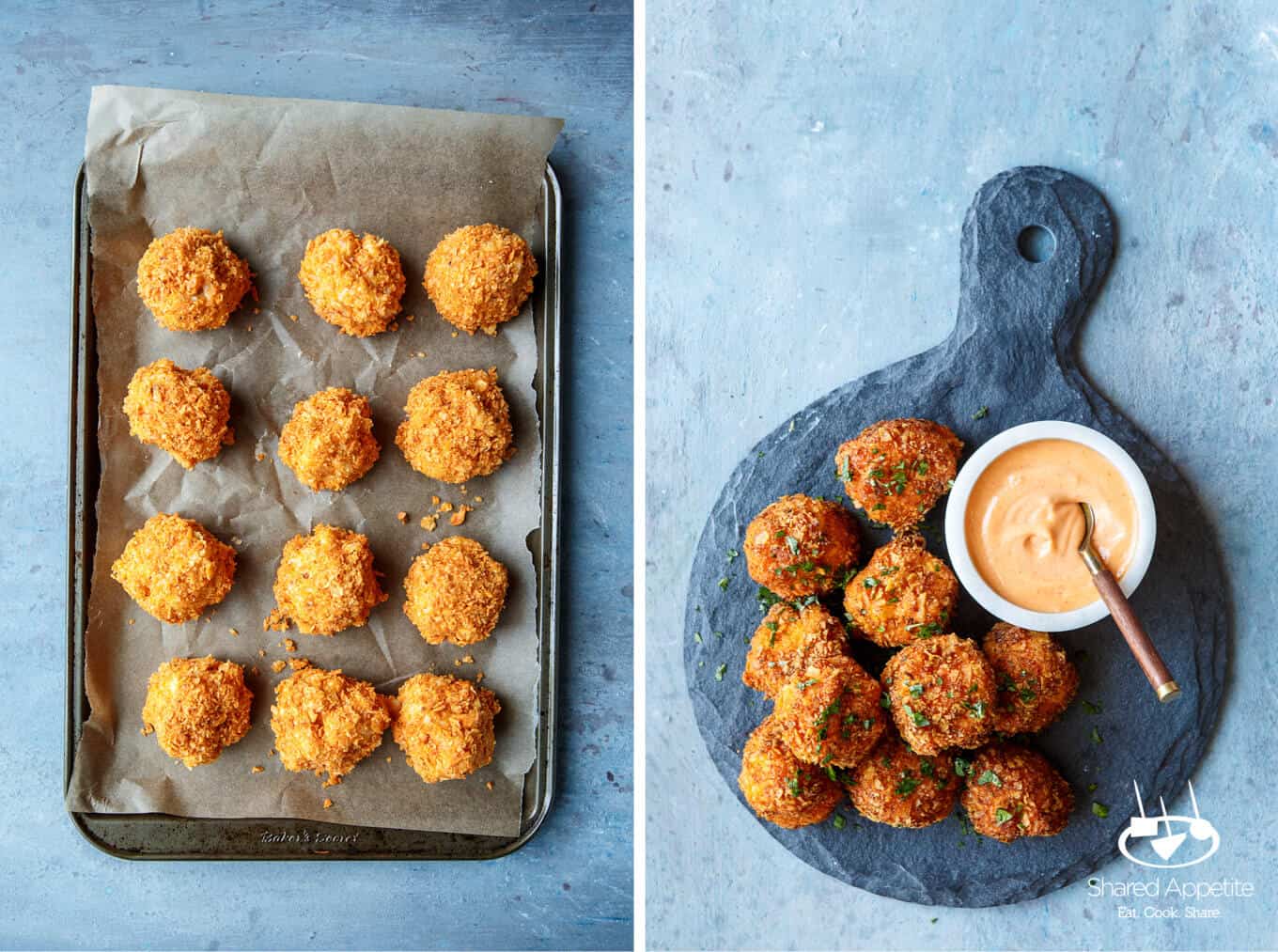 For og efter stegning af Doritos Mac and Cheese Balls | sharedappetite.com