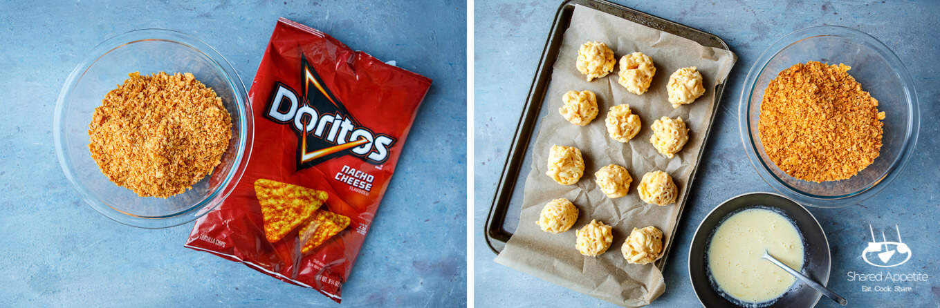 Vorbereitung der Doritos Mac and Cheese Balls, zerkleinerte Doritos und Ei und die Mac and Cheese zu Kugeln geformt | sharedappetite.com