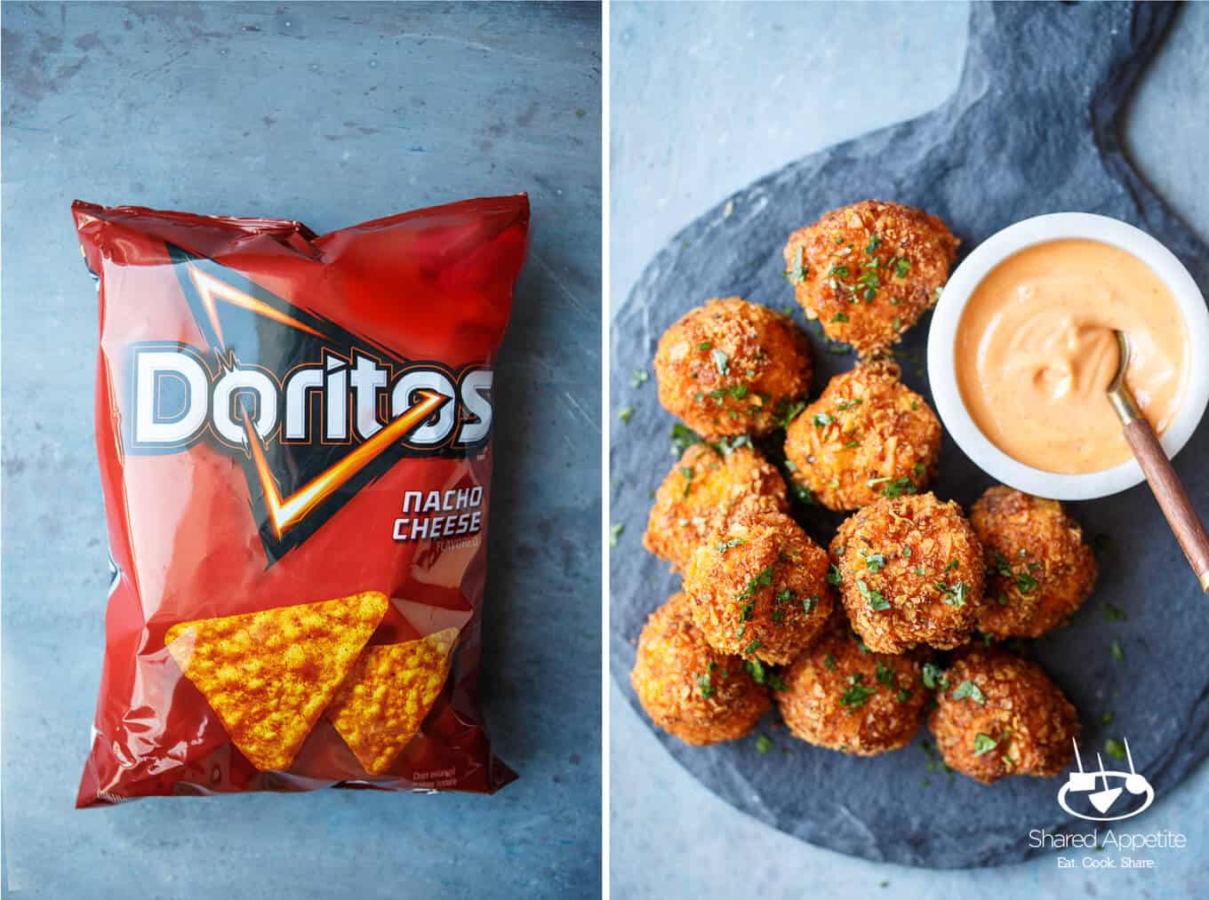 Doritos bag and Doritos Mac and Cheese Balls | sharedappetite.com