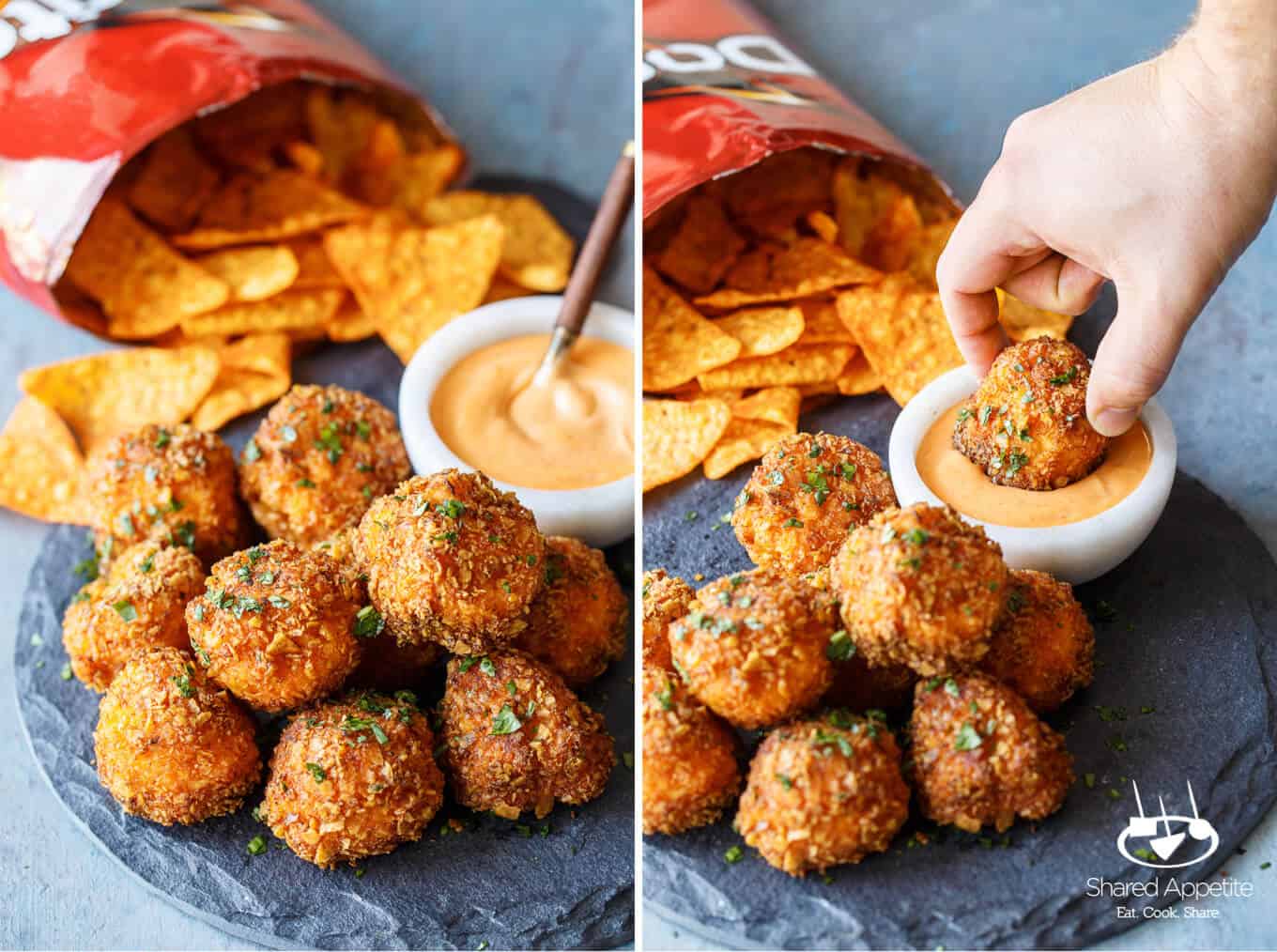 Doritos Mac and Cheese Ball in Sriracha Mayo getaucht | sharedappetite.com