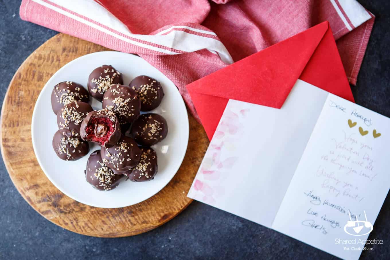 Valentine's Day Card and Nutella Filled Red Velvet Cake Truffles | sharedappetite.com