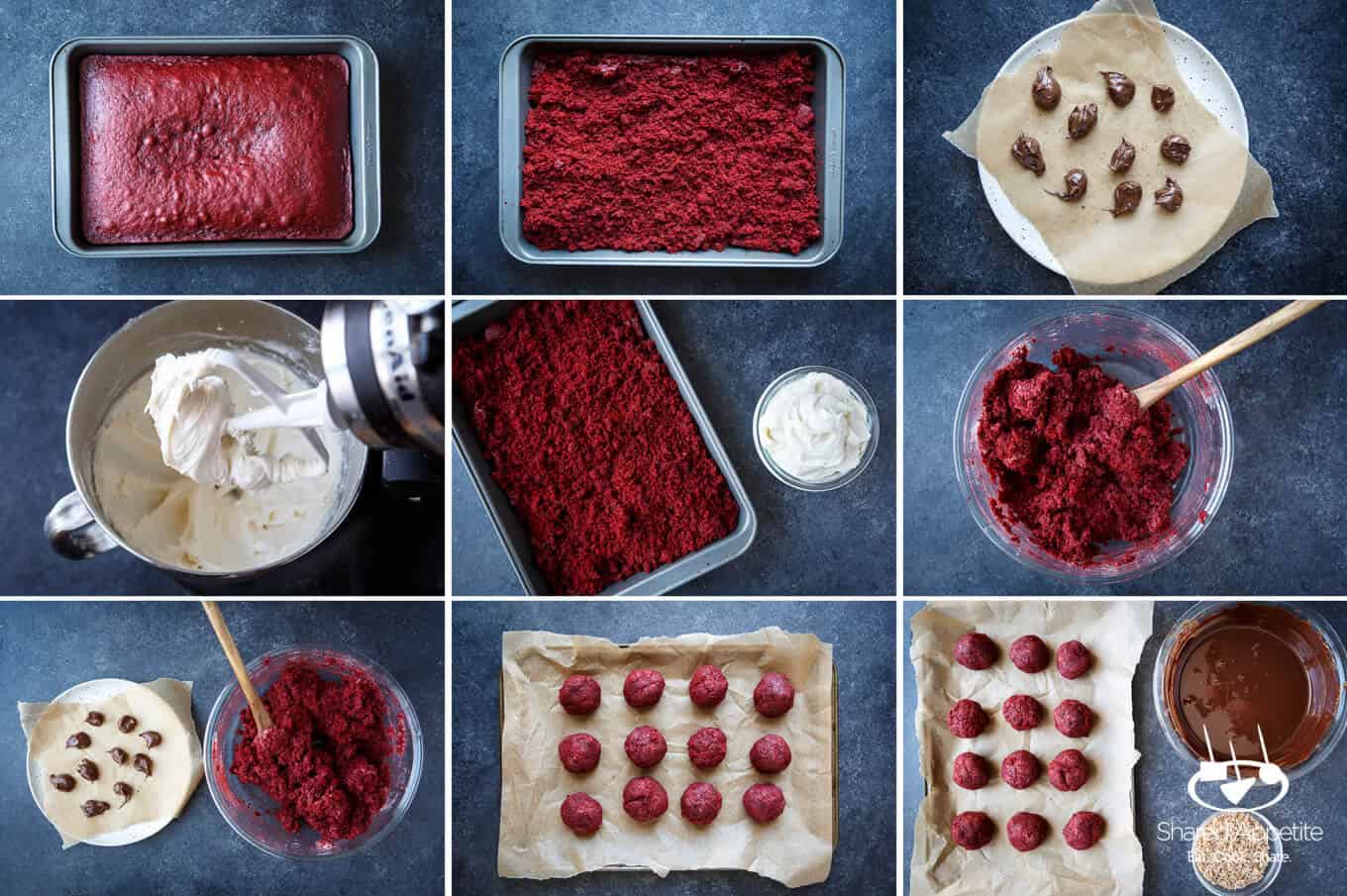 showing the process of how to make these Nutella Filled Red Velvet Cake Truffles | sharedappetite.com