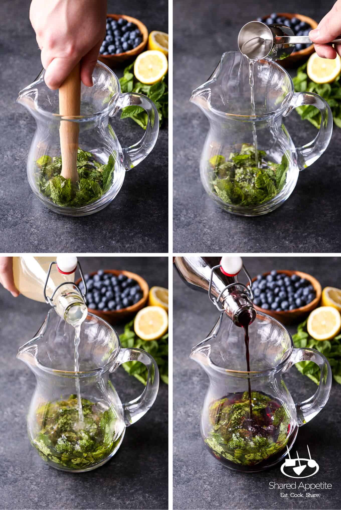 Step by step making these Sparkling Blueberry Lemonade Mojitos | sharedappetite.com