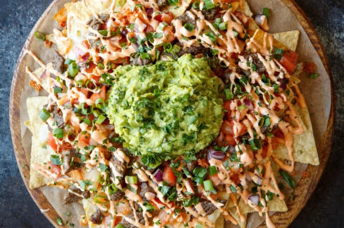 Bulgogi Korean Steak Nachos with Kimchi and Gochujang Aioli | sharedappetite.com