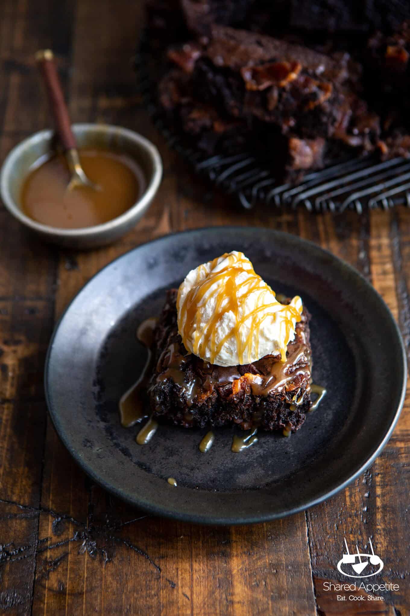 Candied Bacon Brownie Sundaes with Whiskey Caramel Sauce | sharedappetite.com