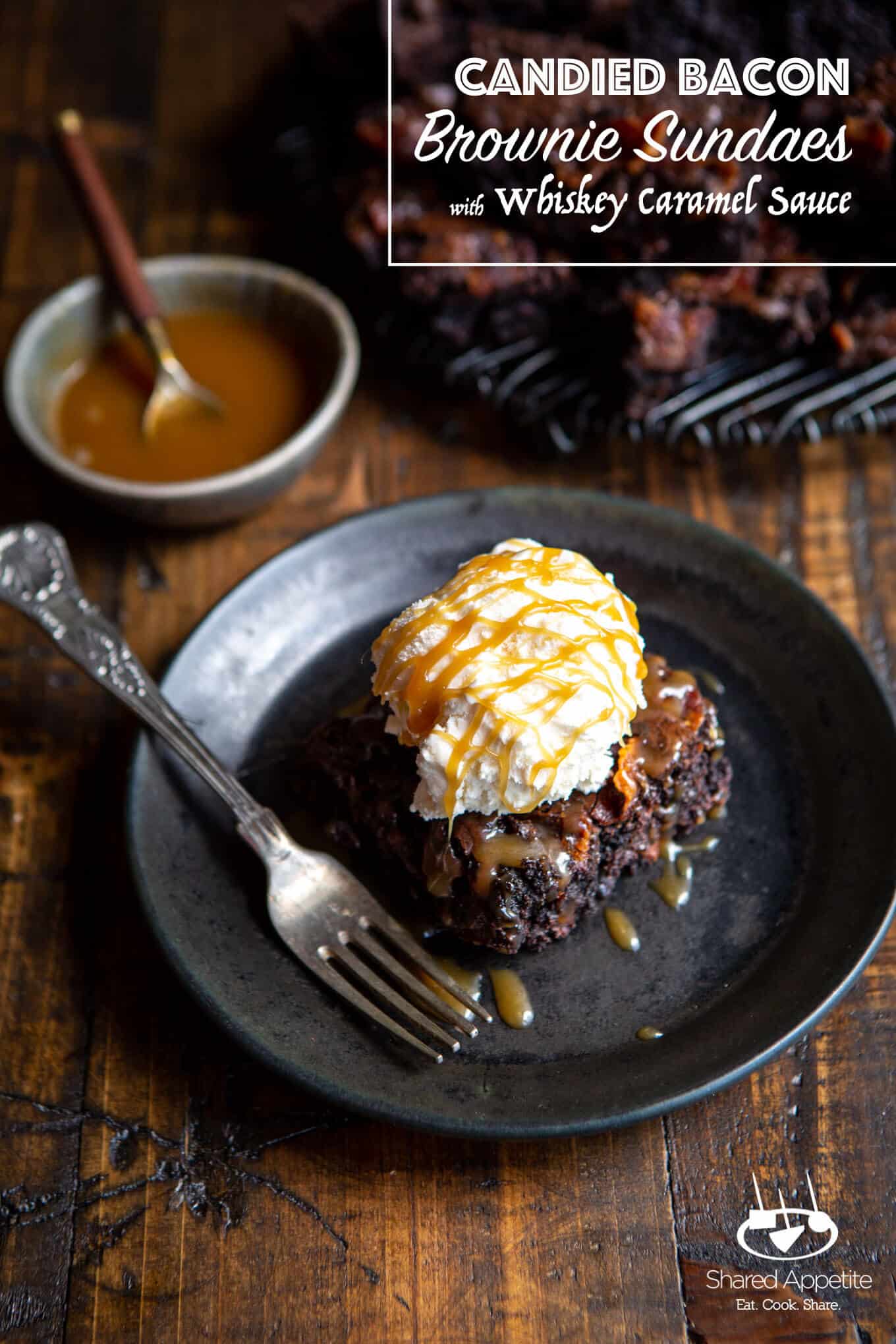 Candied Bacon Brownie Sundaes with Whiskey Caramel Sauce | sharedappetite.com