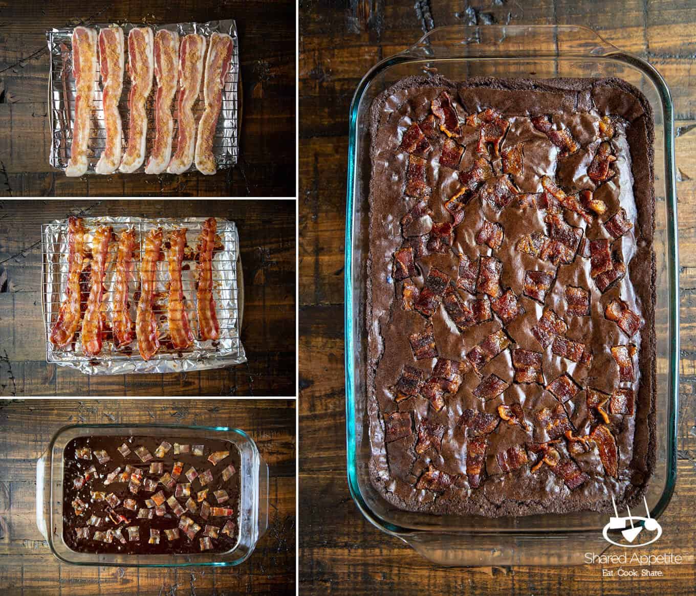making brownies and candied bacon for Candied Bacon Brownie Sundaes with Whiskey Caramel Sauce | sharedappetite.com