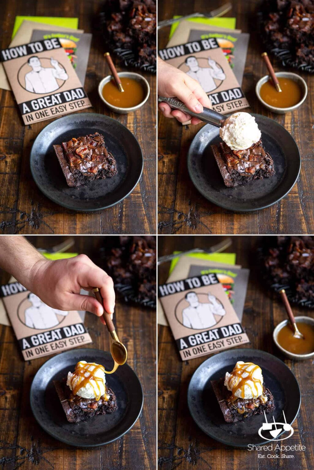 Candied Bacon Brownie Sundaes with Whiskey Caramel Sauce