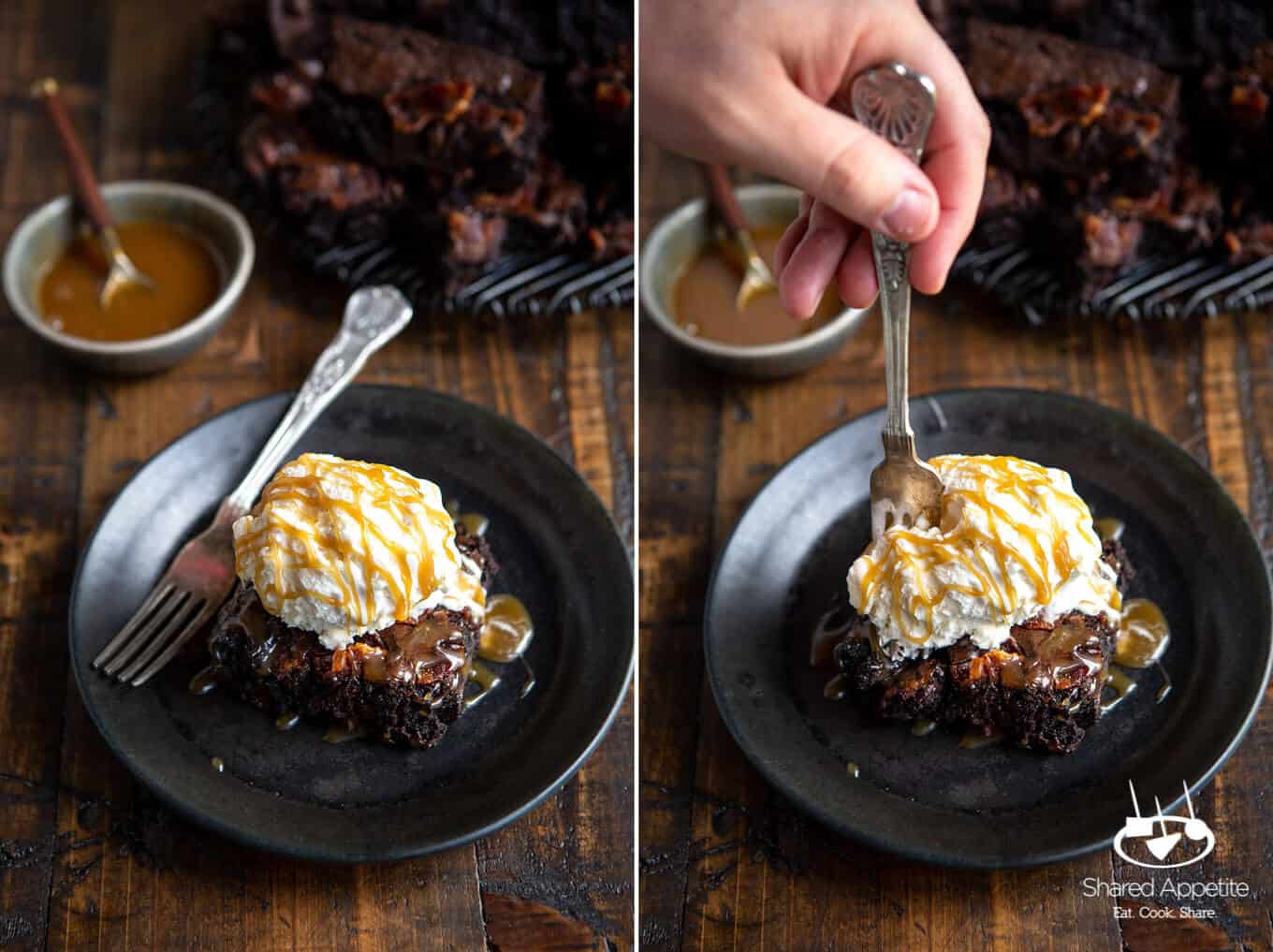 Candied Bacon Brownie Sundaes with Whiskey Caramel Sauce | sharedappetite.com