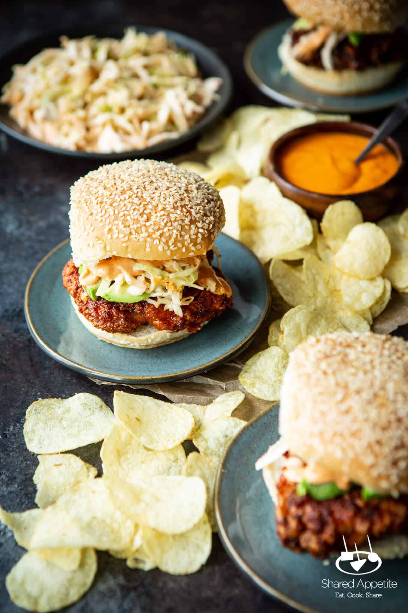 Korean Fried Chicken Sandwiches with Kimchi Slaw and Gochujang AIoli | sharedappetite.com