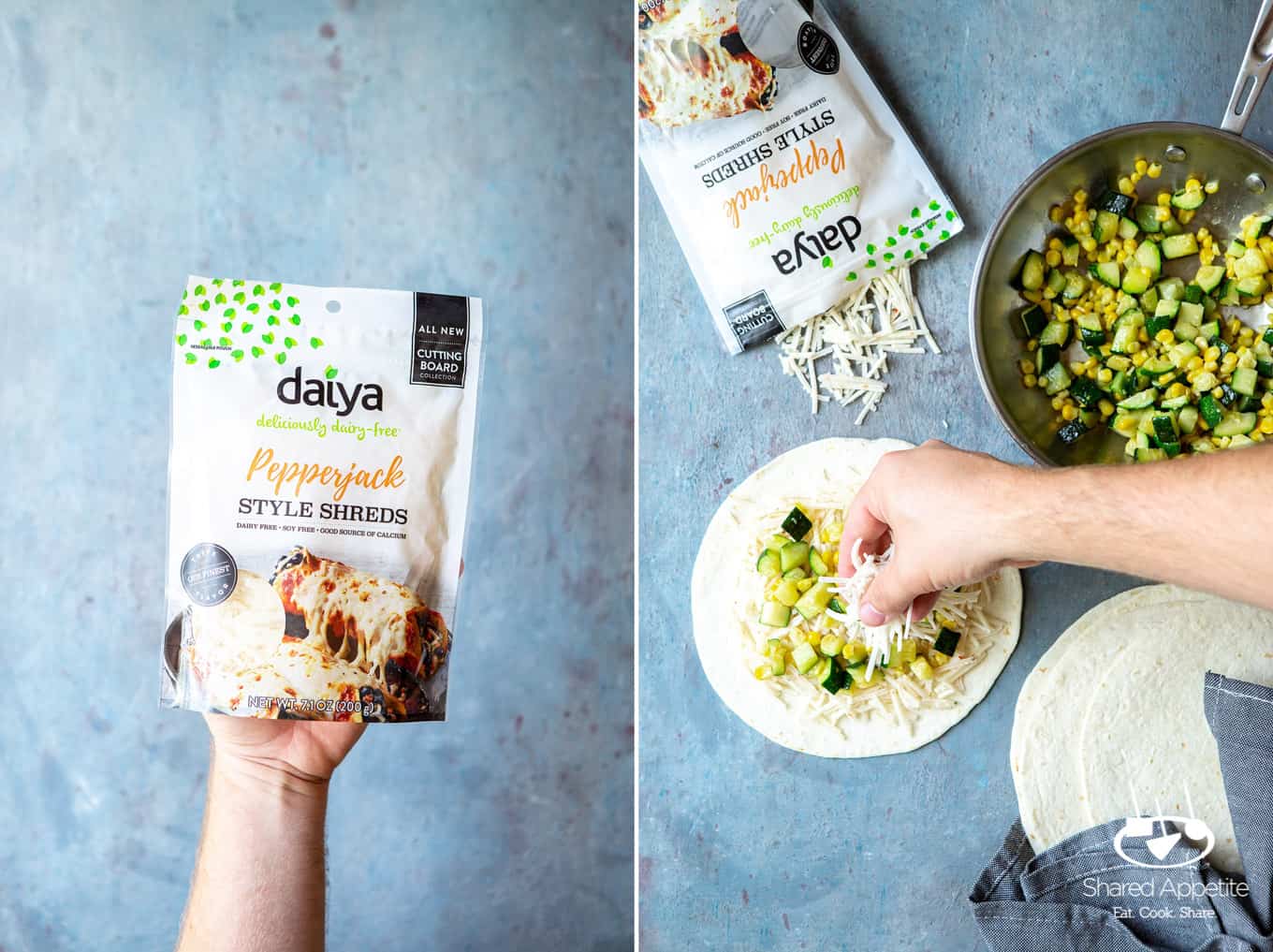 Sprinkling Daiya Vegan Pepperjack Cheese on Produce for Vegan Zucchini and Corn Quesadillas | sharedappetite.com