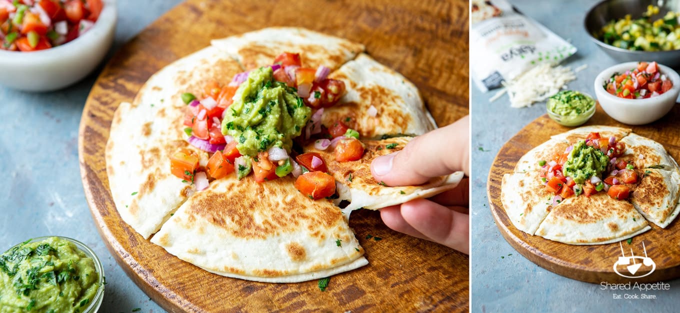 Pulling a piece of Produce for Vegan Zucchini and Corn Quesadillas | sharedappetite.com