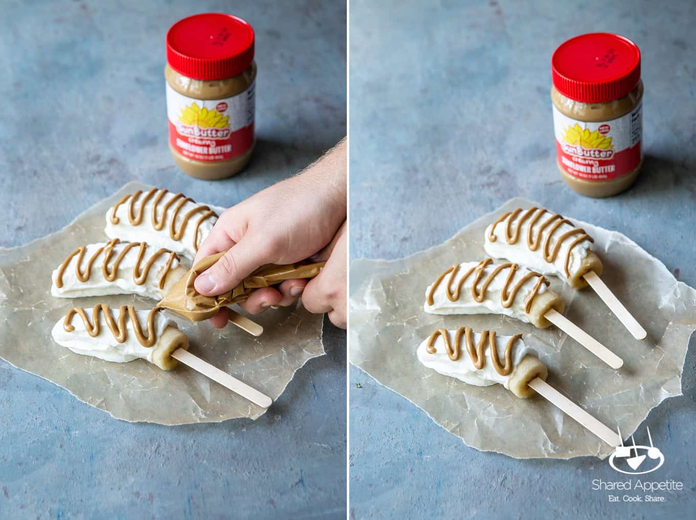 greek yogurt and sunbutter Frozen Banana Pops | sharedappetite.com