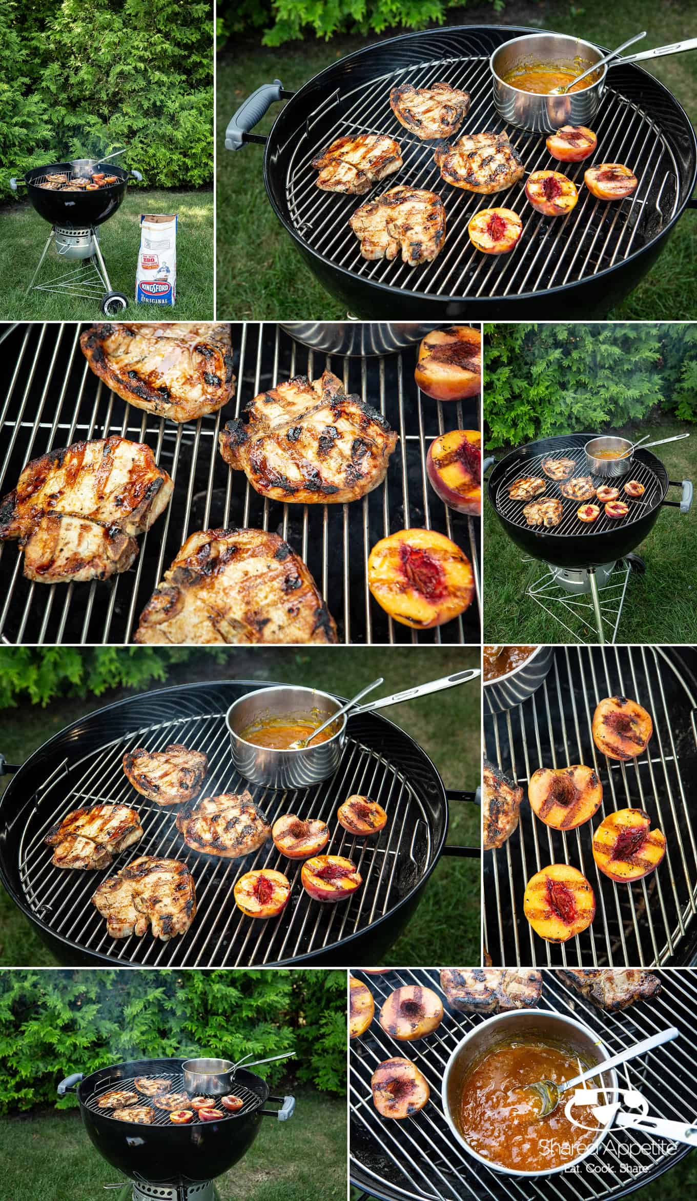 up close grilling these Peach Bourbon Glazed Pork Chops | sharedappetite.com