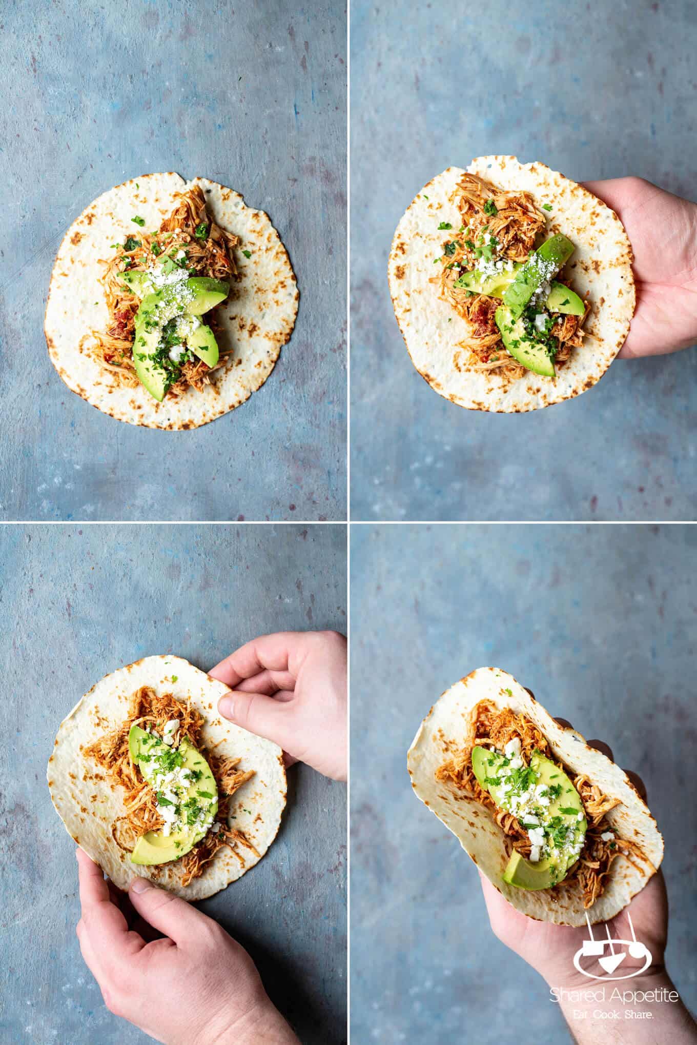 Picking up ready to eat these Slow Cooker Salsa Chicken Tacos | sharedappetite.com