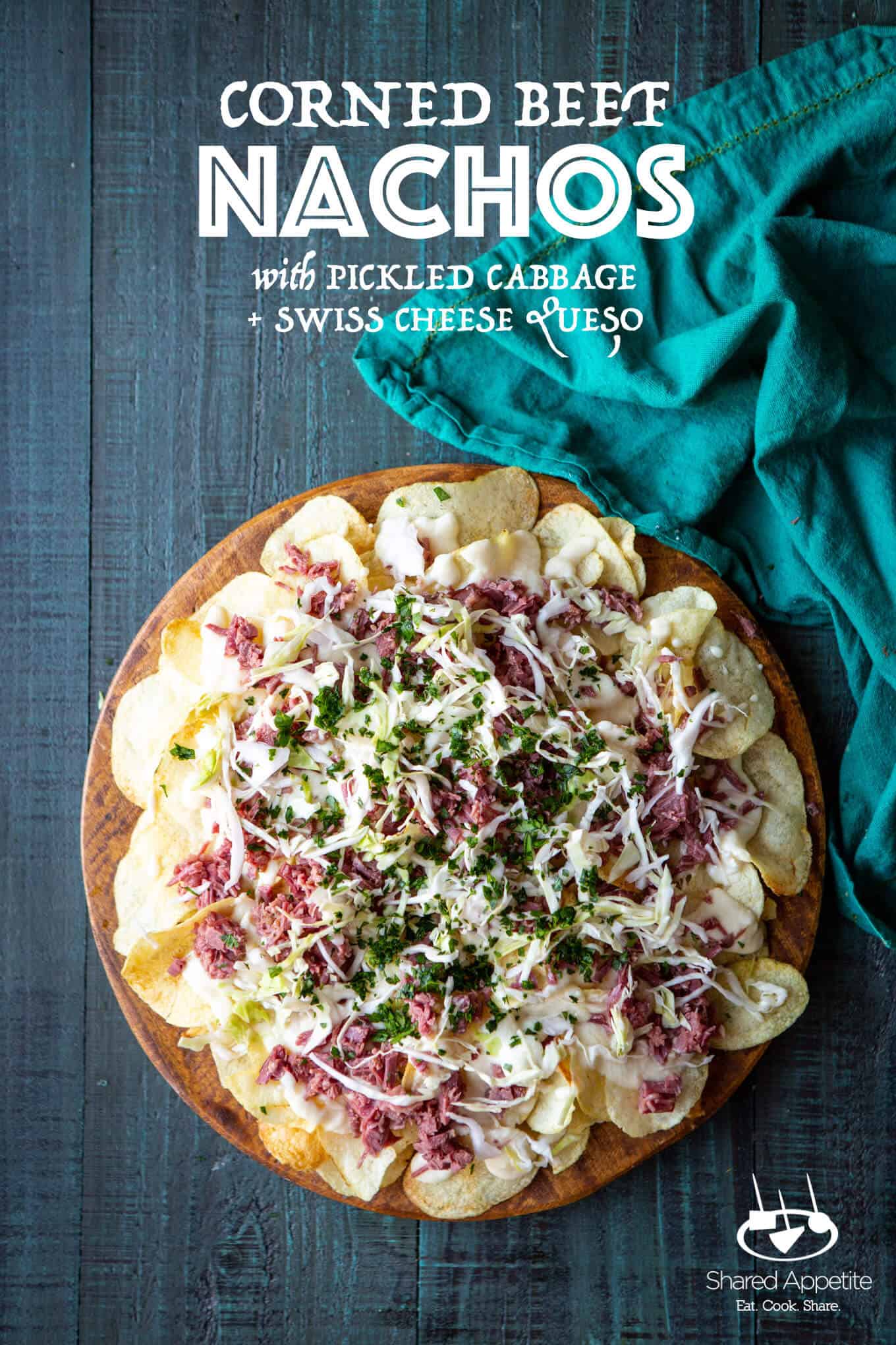 Irish Corned Beef Nachos with Swiss Cheese Queso and Pickled Cabbage for St. Patrick's Day | sharedappetite.com