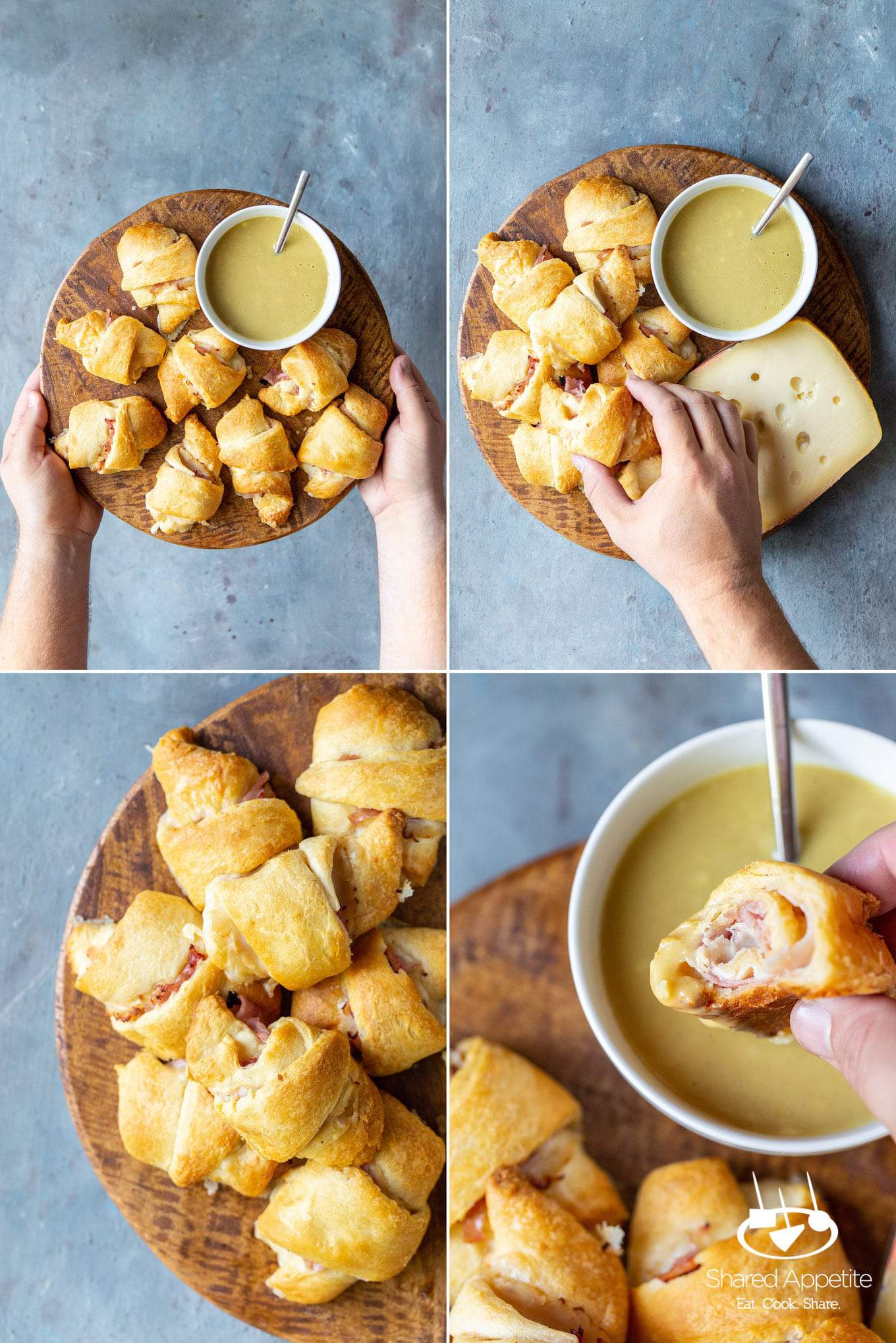 Dipping and eating Chicken Cordon Bleu Crescent Rolls