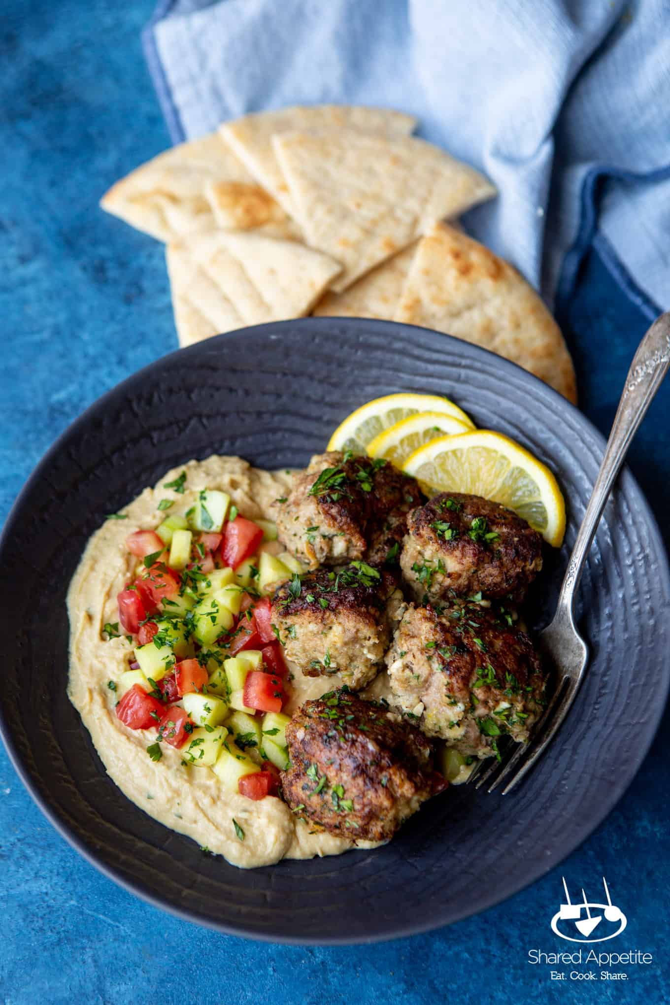 Greek Chicken Meatballs with Hummus and Israeli Salad | sharedappetite.com