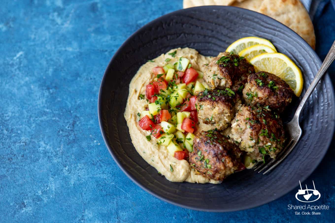Greek Chicken Meatballs with Hummus and Israeli Salad | sharedappetite.com