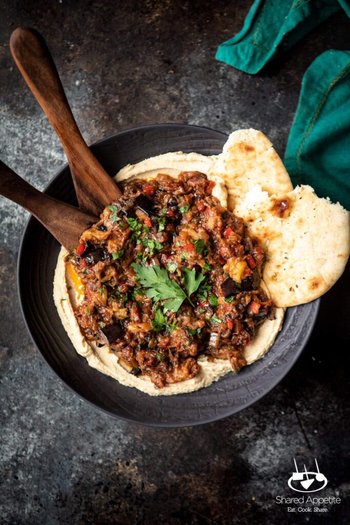 Mediterranean Eggplant Dip with Hummus and Restaurant Style Pita | sharedappetite.com