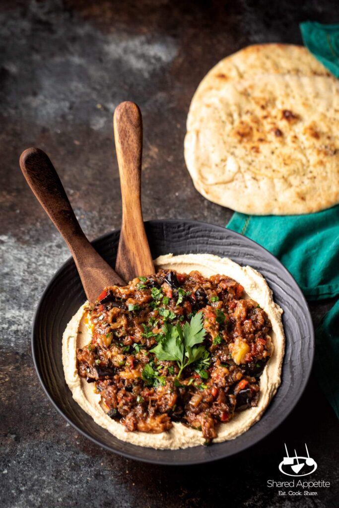 Mediterranean Eggplant Dip with Hummus and Restaurant Style Pita | sharedappetite.com