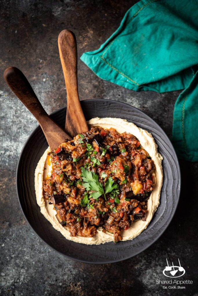 Mediterranean Eggplant Dip with Hummus and Restaurant Style Pita | sharedappetite.com