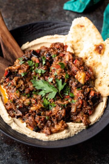 Mediterranean Eggplant Dip with Hummus and Restaurant Style Pita | sharedappetite.com