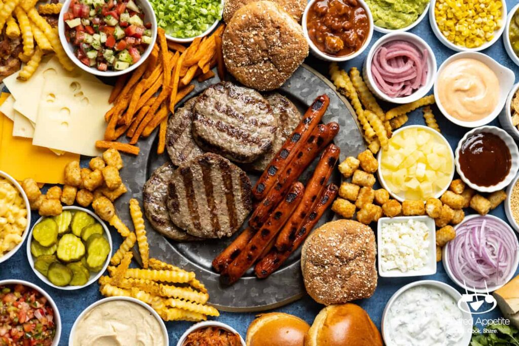 Summer BBQ Hot Dog and Burger Charcuterie Board | sharedappetite.com