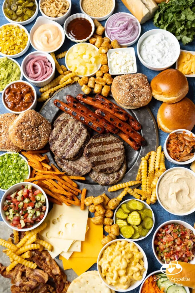 Summer BBQ Hot Dog and Burger Charcuterie Board | sharedappetite.com