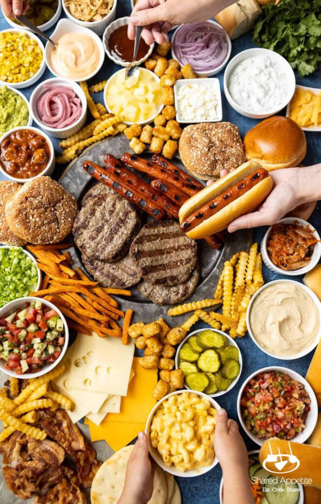 Summer BBQ Hot Dog and Burger Charcuterie Board | sharedappetite.com