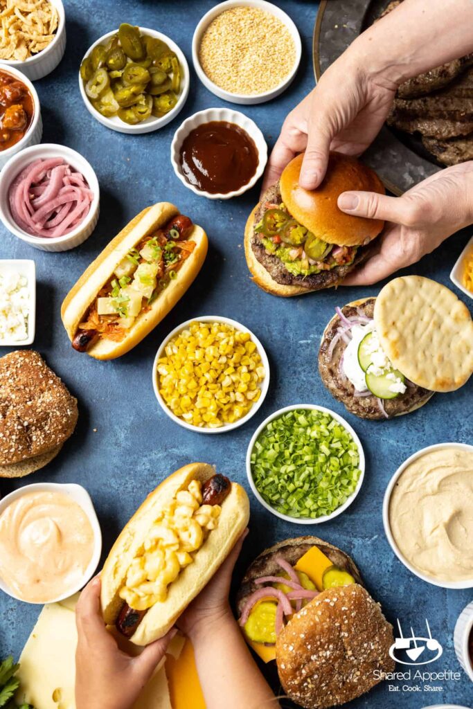 Summer BBQ Hot Dog and Burger Charcuterie Board | sharedappetite.com