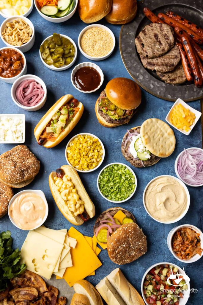 Summer BBQ Hot Dog and Burger Charcuterie Board | sharedappetite.com